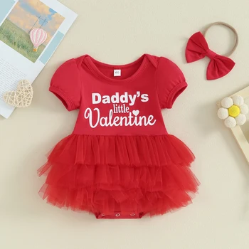 0-18Months Baby Girl smėlinukas Valentino dienos apranga Trumpomis rankovėmis širdies laiškas Spausdinti Romper suknelė su galvos juosta Kūdikių drabužiai