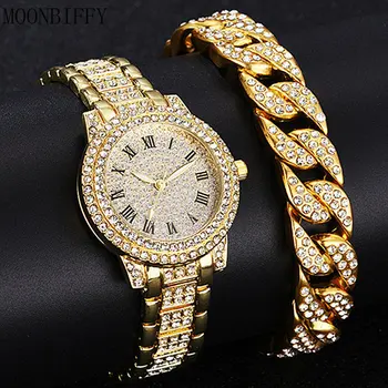 1/2vnt Prabangūs moteriški deimantiniai laikrodžiai Hip Hop apyrankė Ladies Quartz Watch Rose Gold Moteriškas rankinis laikrodis Shiny Crystal Reloj Mujer