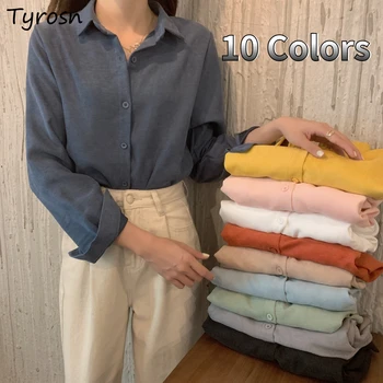 10 spalvų marškiniai Moterys Pavasaris Ruduo Viskas atitinka Solidi mada Korėjietiškas stilius Laisvalaikis Laisvas Viengubas krūtinė Ulzzang Retro Vintage Naujas