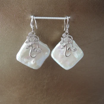 100% gamtos gėlavandenių perlų auskaras su 925 sidabriniu kabliuku -- AA kvadratinis barokinis perlas,25 mm didelis barokinis perlų auskaras