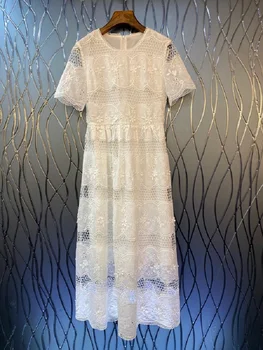 100%Medvilninė ilga suknelė 2023 m. Vasaros stilius Moterys O-Neck Tuščiaviduriai nėrinių siuvinėjimai Trumpomis rankovėmis Laisvalaikio vakarėlis Balta Maxi suknelė prašmatni