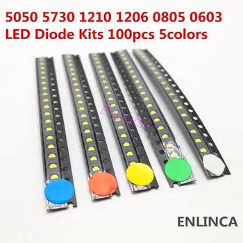 100vnt 5colors x 20vnt 5050 5730 1210 1206 0805 0603 LED diodų asortimentas SMD LED diodų rinkinys balta raudona mėlyna geltona žalia