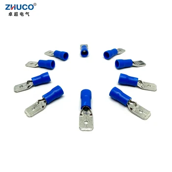 100vnt MDD2-250 6.35mm mėlynai izoliuotas vyriško kabelio jungties kištukas Izoliacinis elektrinis kastuvas Crimp gnybtas 1.5-2.5mm2 laidams