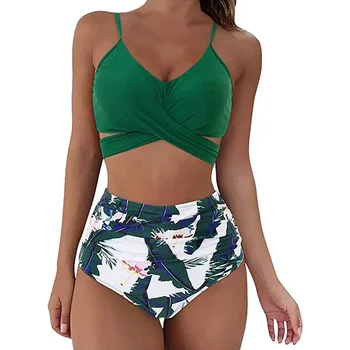 12 spalvų moteriški liekni bikinio rinkiniai seksualių maudymosi kostiumėlių aukštu liemeniu Dviejų dalių 2023 m. karštai parduodami kieto / gėlių ruched maudymosi kostiumėlio kryžiaus priekyje