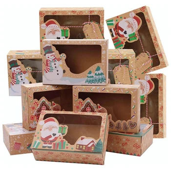 12vnt Kalėdinių sausainių dėžutės su skaidriais langais Kalėdinės Kraft popierinės dovanų dėžutės puikiai tinka užkandžiams su saldainiais (22 x 15 x 7cm)