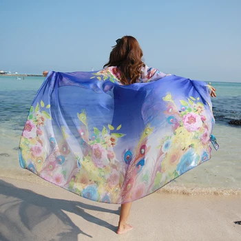 190*125cm 2020 m. vasaros spauda Šilko šalikas Negabaritinis šifono šalikas Moterys Pareo Beach Cover Up Wrap Sarong kremas nuo saulės Long Cape Female