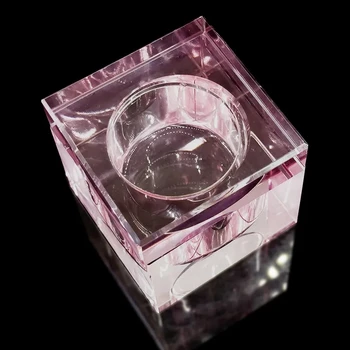 1Pc Pink Square Thick Glass Crystal Dappen Indų puodelis su metaliniu dangčiu Nagų dailės įrankiai monomero akrilo skystų miltelių laikikliui