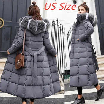 2022 Naujas žieminis paltas Moteriškas šiltas mados lankas Diržas Lapė Kailio apykaklė Kelio storinimas Šiltas paltas Ilgas sijonas Moteriškas storas paltas