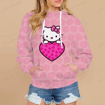 2022 Ruduo Hello Kitty Print Džemperis Moterys Harajuku gobtuvai Moterys Laisvi drabužiai Megztiniai Korėjos mados viršūnės drabužiai