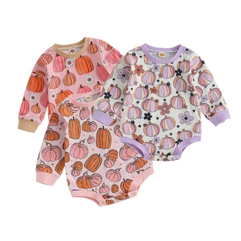 2023-06-17 Lioraitiin 0-24M Kūdikių mergaičių megztinis Smėlinukas Helovino moliūgų atspaudas Kombinezonai ilgomis rankovėmis Mieli drabužiai