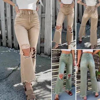 2023 Moterys plėšė platėjančius džinsus su pleistro kišenėmis Užtrauktukas Placket Vintage High Waist Wide Legs Pants Casual Distressed Denim Pants