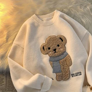 2023 Moterų poros megztiniai Žieminiai mieli meškos džemperiai Trikotažinis megztinis Harajuku Rudens apvali apykaklė Laisvi megztiniai Oversized Tops