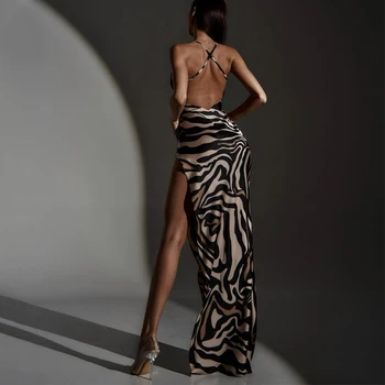 2023 Moterų zebro juostelių spausdinimas be nugaros Patchwork tinklelio plyšys Maxi suknelė Seksualus vakarėlis Elegantiškas vakarėlis Drabužiai vestidos