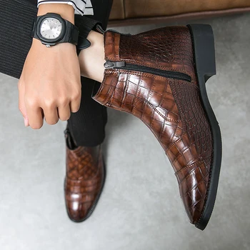 2023 Naujas krokodilo raštas Vidutinio blauzdos kulkšnies batai Madingi suknelės batai Vyriški batai Originalūs trumpi batai Dizainerio verslas Vyriški batai 
