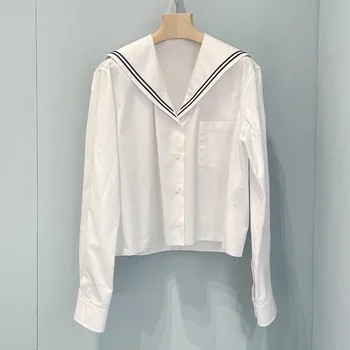 2023 Pavasario nauji balti marškiniai ilgomis rankovėmis Saldūs karinio jūrų laivyno apykaklės akademijos moteriški marškiniai Universalios geriausios moterys