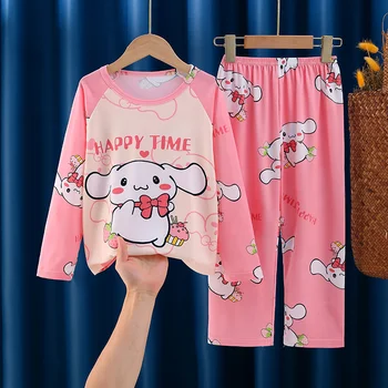 2023 Rudens vaikai Pieno šilko pižamų rinkiniai Kawaii Sanrioed Anime Cinnamoroll Kuromi Berniukai Mergaitės Miego drabužiai Vaikų namų apranga Drabužiai