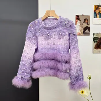 2023 Ruduo ir žiema Naujas megztas megztinis Moteriškas trumpas palaidas Gėlių lapės plaukai Automobilių juostelės Vaivorykštė jauna ir saldus dugnas