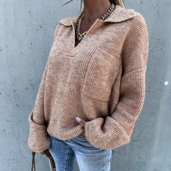 2023 Ruduo žiema V Kaklas Medvilniniai megztiniai Moteriškas megztinis Femme Megztas džemperis Korėjiečių naujos kišenės Ladies Solid Trikotažo viršus