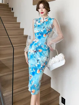 2023 Tarptautinio prekės ženklo suknelės Korėjos mada Elegantiška prabangi suknelė Moterys Ruduo Žiema Mėlyna Gėlių margumėlė Tinklinė vakarėlio suknelė