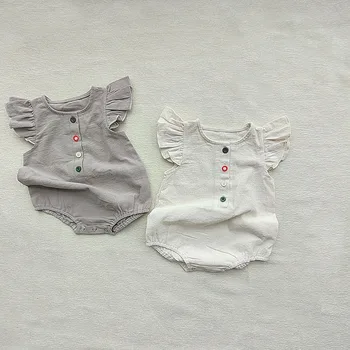 2023 Vasaros mergaitės Skraidančios rankovės Smėlinukas Medvilninis kvėpuojantis mažylis Laisvalaikio kombinezonas Korėjos mados kūdikių mergaičių drabužiai