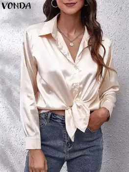 2023 VONDA Elegantiški atlasiniai marškiniai Moteriška Vientisos spalvos laisvalaikio palaidinė Rudeninė ilgomis rankovėmis Viršugalviai Atvartų mados biuras Blusas Femininas