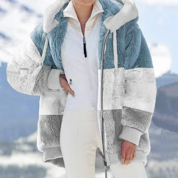 2023 Žiema Moterys Šiltas paltas Retro Patchwork Vilna su gobtuvu Užtrauktukas Storos striukės Paltas Apatinė apranga Dirbtinis kailis Mada Visos rungtynės Nauja