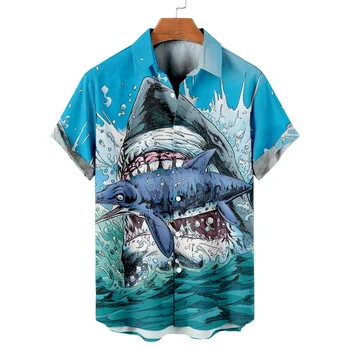 2024 Havajų vyriški marškiniai Fashion Lapel Animal 3D spausdinti marškinėliai trumpomis rankovėmis Ryklio grafiniai marškiniai vyriškiems laisvalaikio gatvės drabužiams