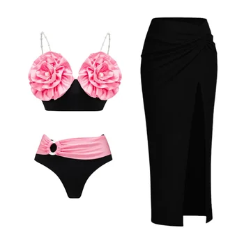 2024 Moteriškas maudymosi kostiumėlis 3D gėlių nuimamas perlų dirželis Bikinio rinkinys dvi dalys Maudymosi kostiumėliai Moterys Paplūdimio apranga tankini