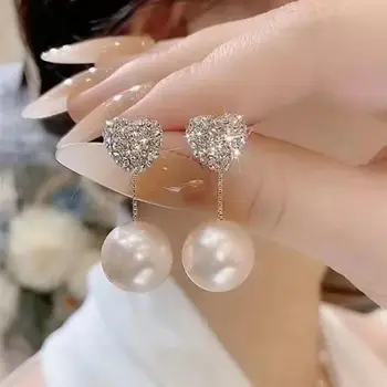 2024 Nauji krištolo cirkono meilės širdies auskarai moterims Elegantiška perlų imitacija Lankas Kabantis auskaras Vestuvės Prabangūs papuošalai