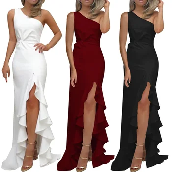 2024 Plius dydis Pritaikykite moterišką suknelę Klasikinė seksuali vieno peties priekinė aukšto plyšio vakarėlio suknelė