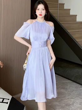 2024 Violetinė plisuota prašmatni nuo peties seksuali midi suknelė Vasarinė korėjietiška Bodycon Prom drabužiai Moterys Elegantiška prabangi šokių vakarėlio suknelė