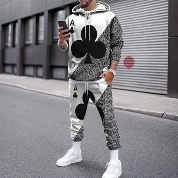 2024Naujas vyriškas žieminis kostiumas su gobtuvu Terminis gobtuvo kostiumas Pavasario vyriškas megztinis Vyriškas džemperis + Kelnės 2Vnt sportinis kostiumas 3D žaidimo kortos