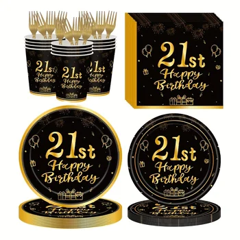 21-ojo gimtadienio vakarėlis Vienkartiniai indai Lėkštės Popieriniai puodeliai Servetėlės Servetėlės Peilis Šakių vakarėlis Stalo dekoracijos Juodojo aukso vakarėlis