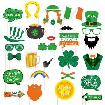 28vnt Happy St Patrick's Day Party Foto Props Pipe Lucky Straw Green Hat Glasses Paper Card