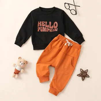 2PC Rudens ir žiemos berniukai Mergaitės ir kūdikiai Monogramuotas Hip Hop ilgų rankovių viršus su oranžinių kelnių rinkiniu