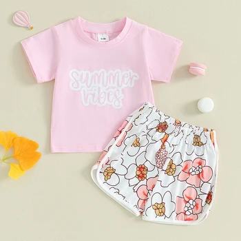 2PC Summer Baby Girl trumpi rinkiniai Laiškai Spausdinti marškinėliai Viršutiniai šortai 3 6 9 12 mėnesių kūdikių apranga Paplūdimio drabužiai