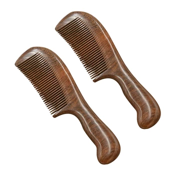 2X Sandalmedžio plačios dantų šukos Garbanoti plaukai nešiojami šiurkštūs dantys Medinės šukos plaukų masažo įrankis