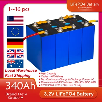 340Ah 3.2V LiFePO4 įkraunama ličio geležies fosfato baterija DIY 2/4/8/16/24/32/48PCS 12V 24V 48V elementų paketas RV valties saulės energijai