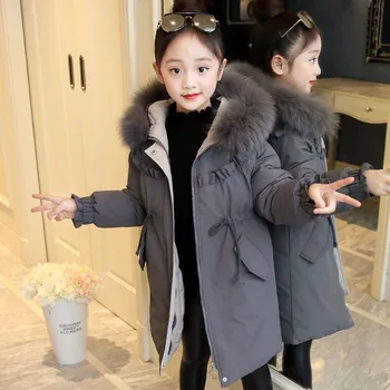 4-13 metų paauglių mergaičių striukė ruduo žiema laikykite šiltus vaikus Windbreaker striukė mergaitėms Madingas ilgas paltas su gobtuvu Vaikų drabužiai