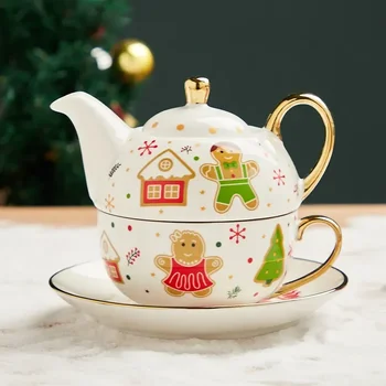 420ml keraminė arbata vienam rinkiniui Kalėdų senelio arbatinukas Arbatos puodelis Lėkštė Auksinis dengimo puodelis Rankena Dovanų dėžutė