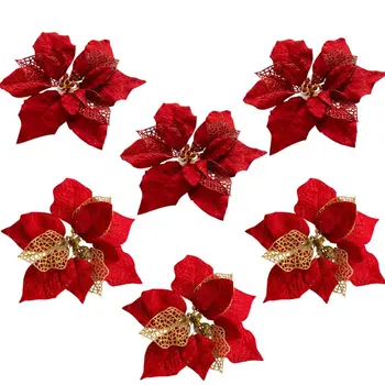 5vnt Kalėdinės gėlės Red Gold Bling Šilkas Dirbtinės gėlių galvutės Kalėdų eglutės dekoravimui Navidad Naujųjų metų nustatymo reikmenys