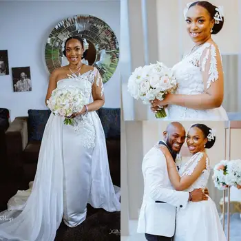 afrikietiškos vieno peties undinėlės vestuvinės suknelės nuimamas traukinys plius dydžio nėriniai aplietos ilgomis rankovėmis nuotakos suknelė