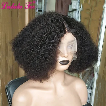 Afro keistuolis garbanotas perukas T dalis Skaidrūs nėriniai Žmogaus plaukų perukai Trumpas garbanotas Bobo plaukų perukas 200 tankio Brazilijos pilni perukai moterims