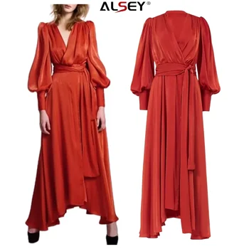 ALSEY Moteriškos suknelės Su liemeniu Vintage Lantern Rankovės ilgos netaisyklingos mados dizaino ilgos V kaklo raudonos suknelės