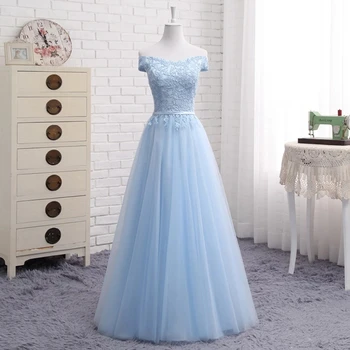 Angelsbridep Sky Blue Aplikacijos Prom Pamergės suknelės Merginos Ilgas stilius Nemokami vakarėlių chalatai De Soirée Plus Size Customize