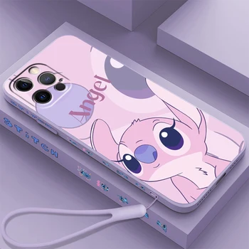 Anime Angel Lilo & Stitch Liquid Left Rope Apple iPhone 15 14 13 12 11 XS XR X 8 7 SE Pro Max Plus Mini Cover telefono dėklas