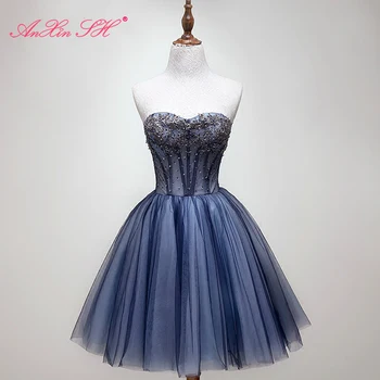 AnXin SH Princess mėlyna nėriniuota trumpa vakarinė suknelė prabangi karoliukų krištolo be petnešėlių be rankovių linija suvarstoma maža vakarinė suknelė