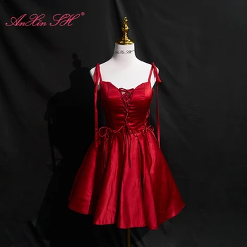 AnXin SH princesės vynas raudonas atlasinis spagečių dirželis be rankovių karoliukai lankas vakarėlis suvarstyta trumpa vakarinė suknelė Maža raudona suknelė