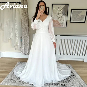 Aviana Simple Chiffon Long Puff Sleeves Boho Wedding Dresses V Neck Sweep Train A Line Brides Gown Ruched Bohemian