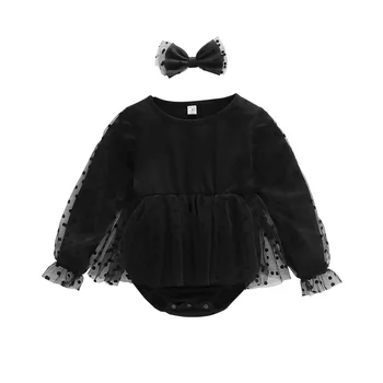 Baby Girl 2Pcs Fall Apranga ilgomis rankovėmis taškai Spausdinti tinklinis sijonas Smėlinukas su galvos juostos komplektu Kūdikių drabužiai